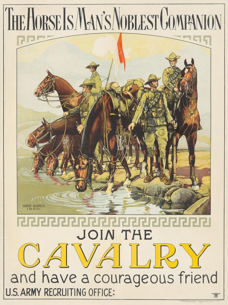 Horses drinking water at a pond attended by cavalry troopers